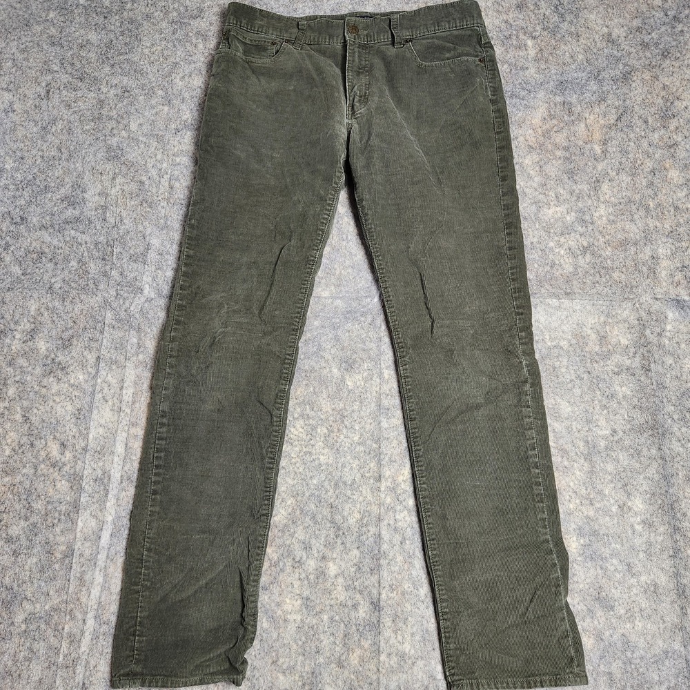 J Crew Flex Corduroy Pants Men 33x32 Hunter Green Slim Fit Flat Front Preppy